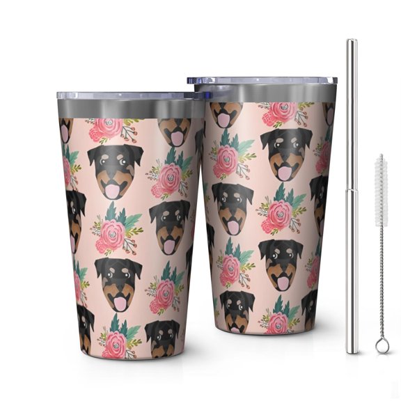 16oz Tumblers Rottweiler and Pioneer Flower Stainless Steel Vacuum Insulated Double Wall Travel Tumbler Cups Mug with Lid and Straw,Cleaning Brush for Coffee,Tea