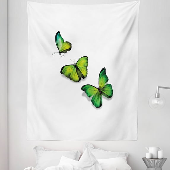 Green Tapestry, 3 Vibrant Butterflies on White Backdrop Spring Nature, Fabric Wall Hanging Decor for Bedroom Living Room Dorm, 5 Sizes, Lime Green Fern Green, by Ambesonne