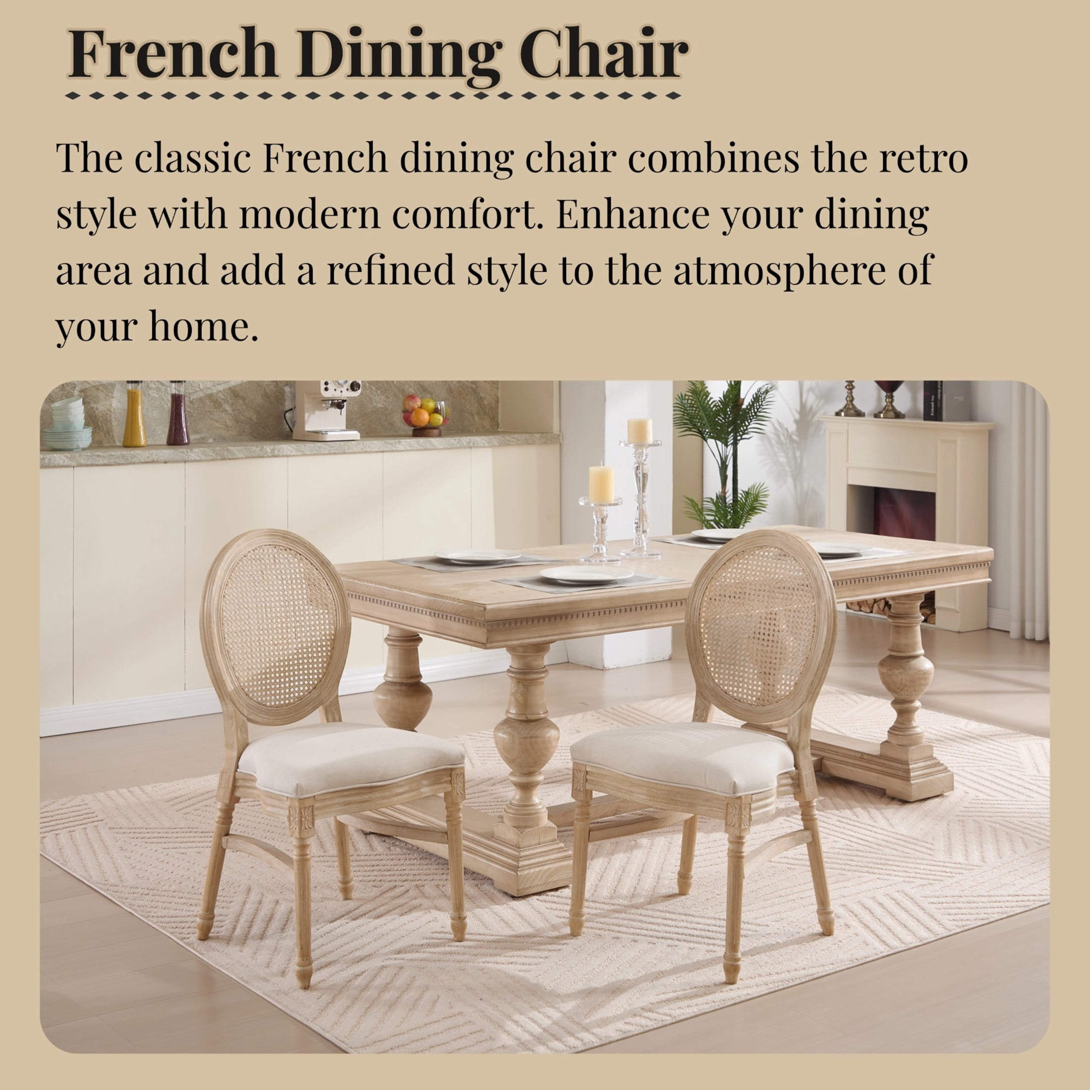 Noble House French Country Stackable Dining Chairs with Natural Rattan Back and Carved Wood Legs, Beige, Set of 2