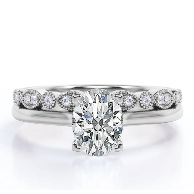 JeenMata Anillo Nupcial con Filigrana Decorativa Milgrain de 1,75 Quilates con Engaste en Punta Ovalada en Baño de Oro Blanco de 18 K sobre Plata (Personaliza la Banda de Tu Anillo de Bodas)