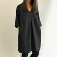 thumbnail image 5 of Elainilye Fashion Dresses for Women Summer Loose Casual V-Neck Solid Short Sleeve Dresses Cotton Linen Dress,Black, 5 of 9