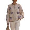 thumbnail image 3 of Women 3D Floral Applique Pearl Button Scalloped Trim Crew Neck Knit Cardigan Rice Color L, 3 of 9