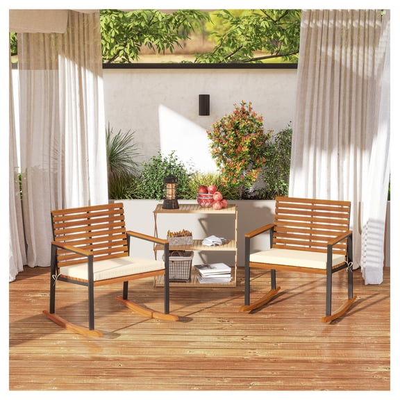 Acacia Wood Rocking Chairs Set of 2, Outdoor Patio Rocking Chair with Cushions, Cream White, Weather Resistant, Armrests, Backyard Porch Furniture