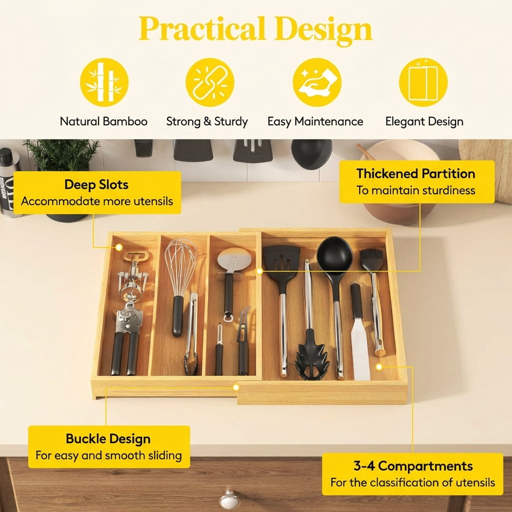 Norcho Expandable Bamboo Utensil Organizer Tray, Adjustable Cutlery and Flatware Holder for Kitchen Drawer, 11.9–21.7 x 15.75"