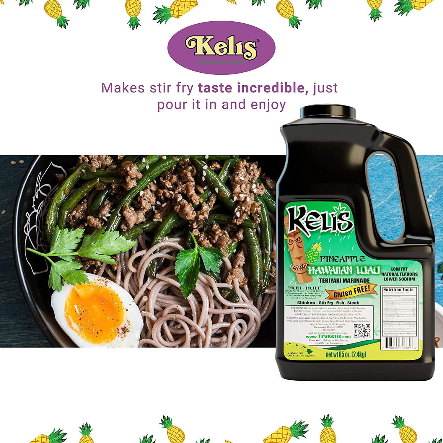 Keli's Pineapple Hawaiian Luau Teriyaki, Gourmet Pineapple Teriyaki Marinade and Huli Huli Basting Sauce. Healthy Teriyaki Sauce Low Sodium & Gluten Free - Made With Gluten Free Soy Sauce (85oz)