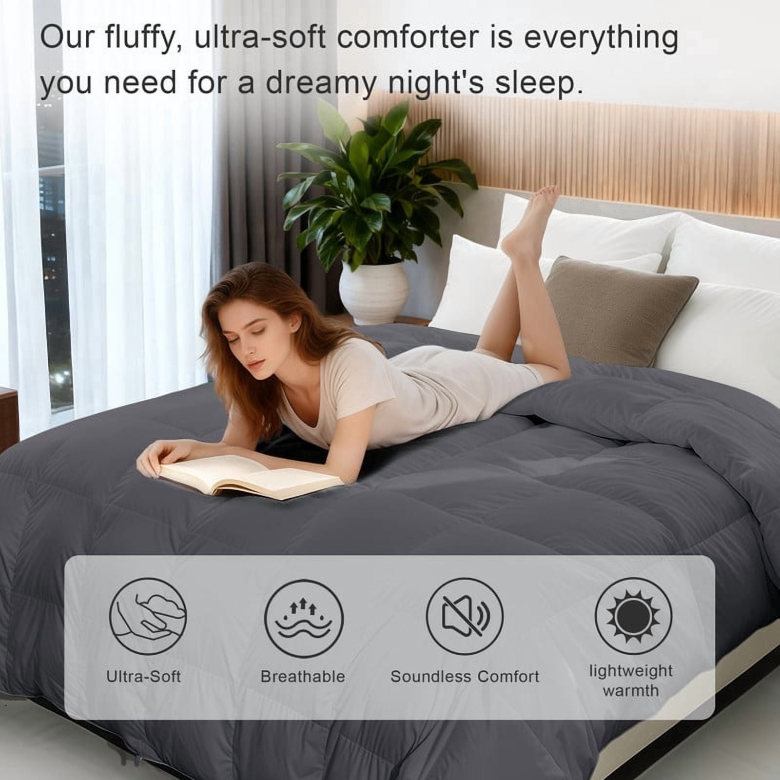Goose Down Comforter, King Size Extra Fluffy Grey Duvet Insert, Ultra-Soft Breathable All Season Hotel Luxury Bedding, Down Proof Fabric, Plush Comfort
