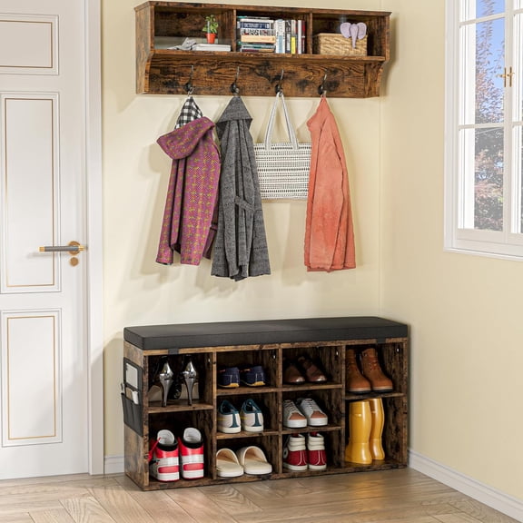 Entryway Shoe Bench with Storage & Cushioned Seat | Wooden Shoe Rack Organizer with Adjustable Shelves & Side Pockets for Hallway, Mudroom & Porch, Living Room