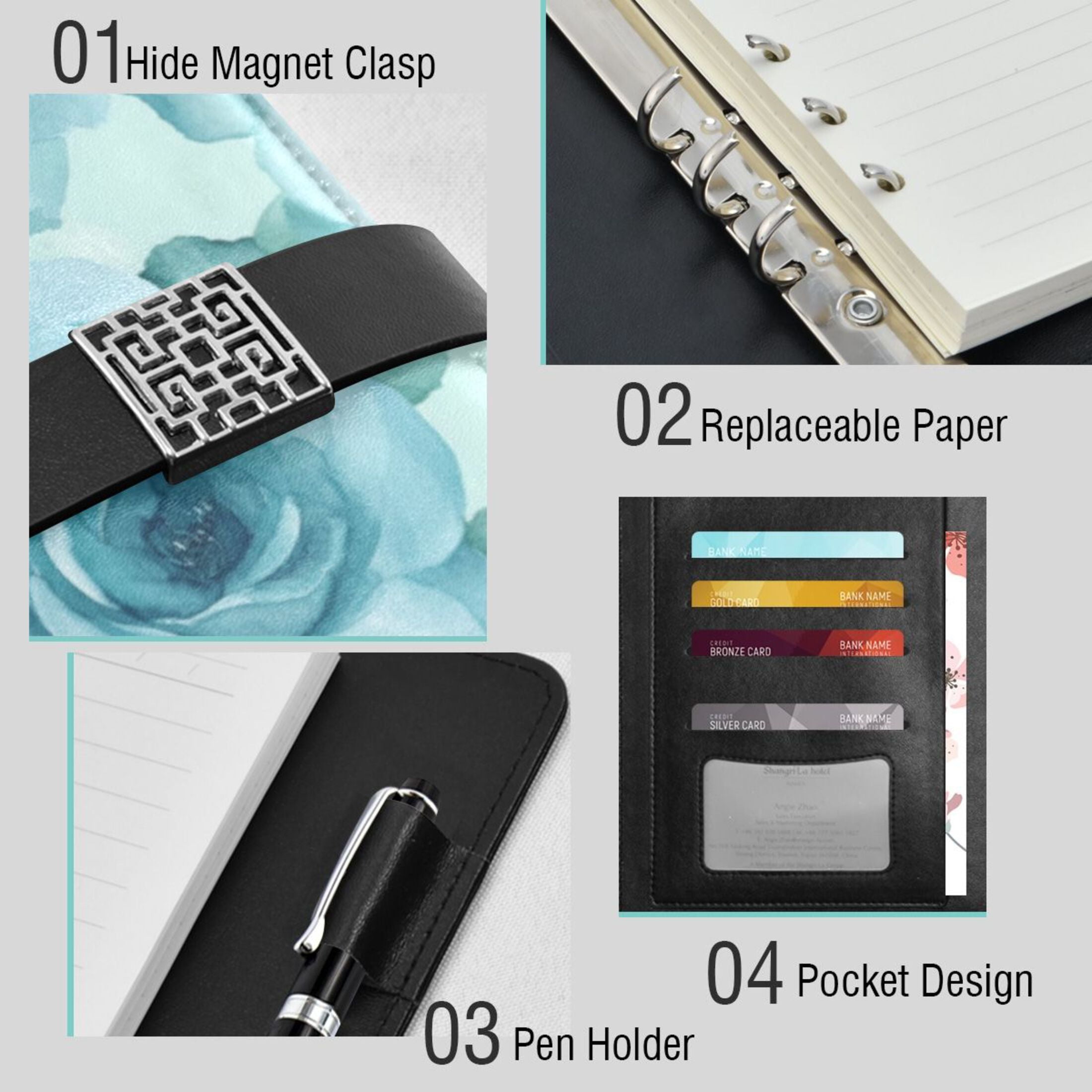 Leather Planner Leather Notebook Notebook Journal Binder Design Pen Pocket Design Convenient for Storage Cartoon Turquoise Roses Seamless