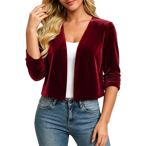Vivianyo HD Women's Velvet Cropped Open Front Shrug Cardigan, Ruched Three Quarter Sleeve Cover Up for Women, Outer Layer for Dinner Events and Evening Plans, Size S-3XL