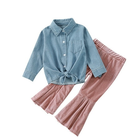

Kids Child Baby Girls Outfit Set Long Sleeve Solid Shirt Coat Tops Velutum Flares Pants Outfit Set Clothes 2Pcs Baby Clothes