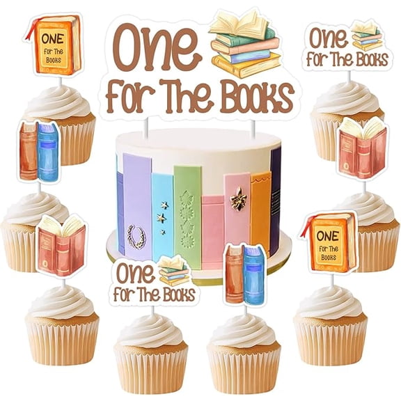 Book First Birthday Decorations, 25Pcs One for the Books 1st Birthday Cake Topper Cupcake Toppers for Storybook Reading Library Party Supplies