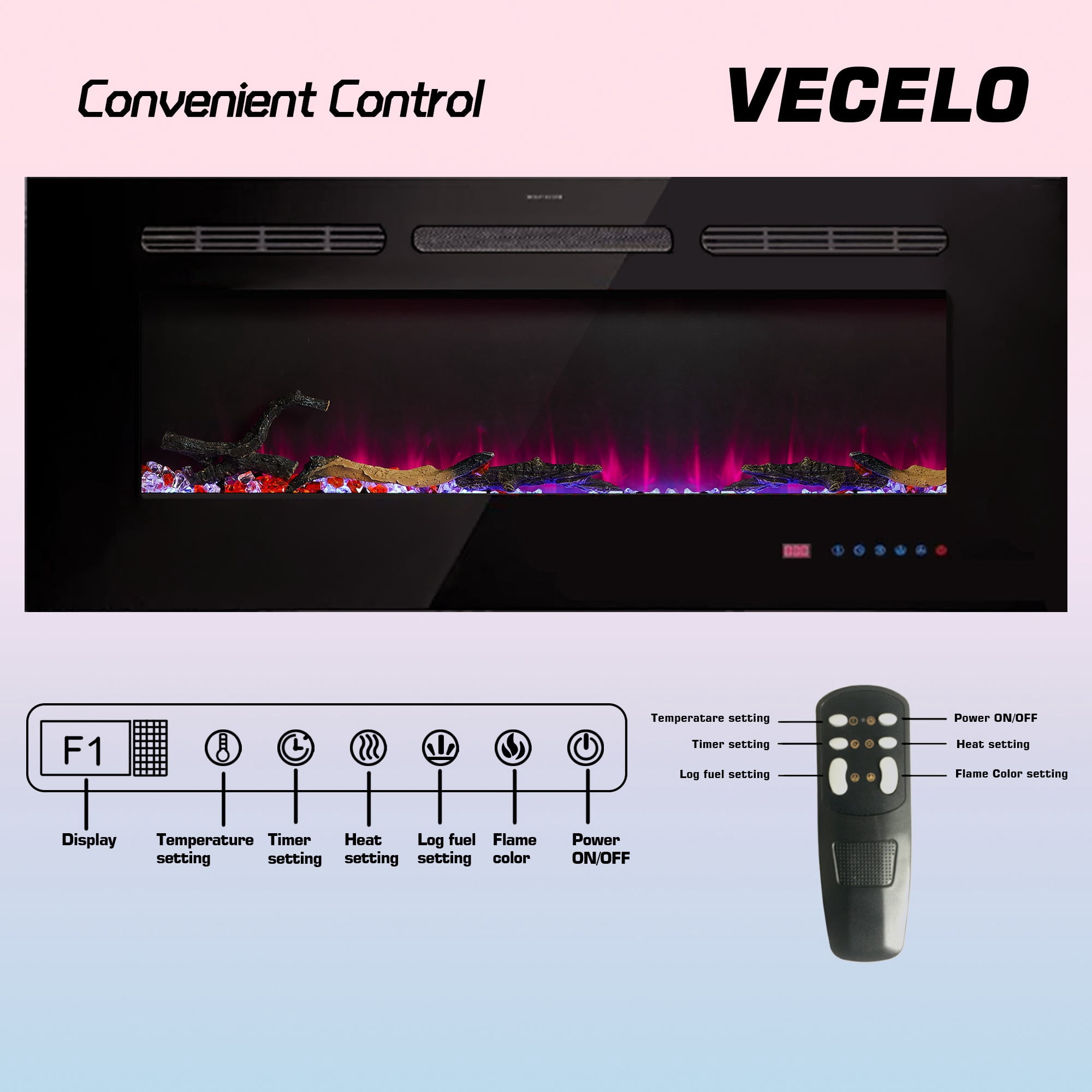 VECELO 39.4 inch Electric Fireplace, Recessed Wall Mounted Electric Fireplace Inserts, Ultra Thin Adjustable Flame Colors & Speed Fireplace, Fireplace with Touch Screen and Remote Control, Black
