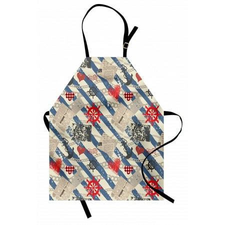 

Nautical Apron Sea Graphic with Grunge Distressed Diagonal Forms and Stripes Marine Nautical Unisex Kitchen Bib Apron with Adjustable Neck for Cooking Baking Gardening Beige Red Blue by Ambesonne