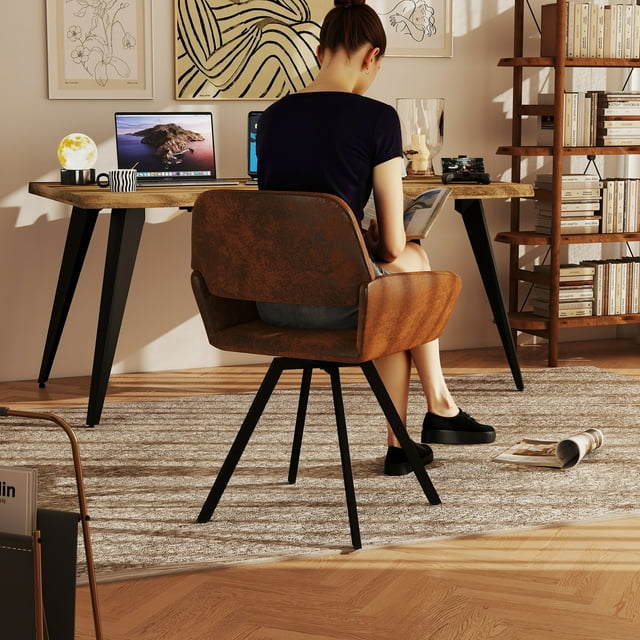 Woman seated on brown chair using Homy Casa walnut writing desk with live edge design in stylish home office setting.