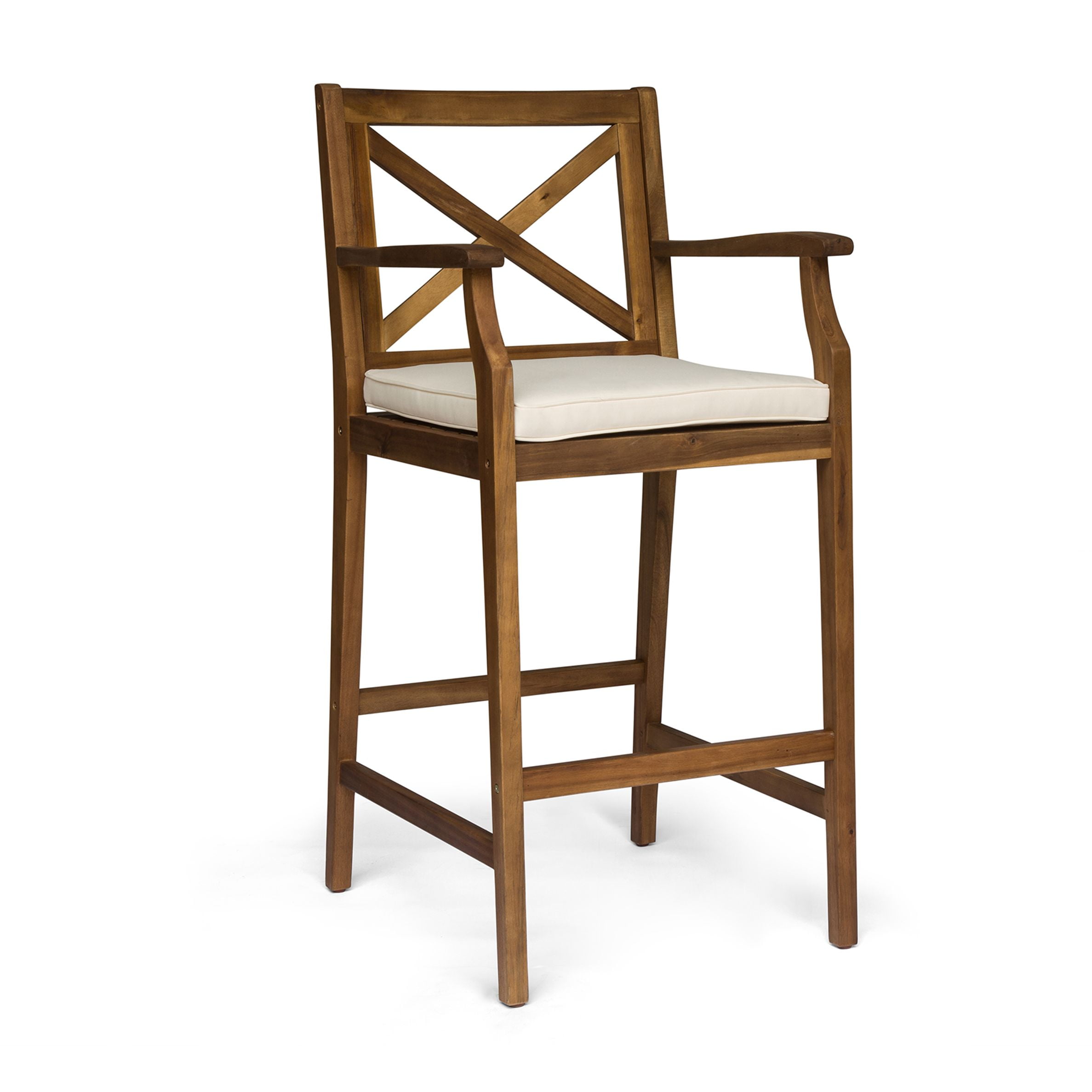 Outdoor Acacia Wood Bar Stool Set of 2, Comfort Height Seats for Patio Bar, Teak and Cream