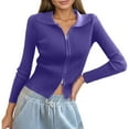 thumbnail image 1 of Women's Double Zip Ribbed Knit Cardigan Tight Fitting Crop Top With Collar, 1 of 4