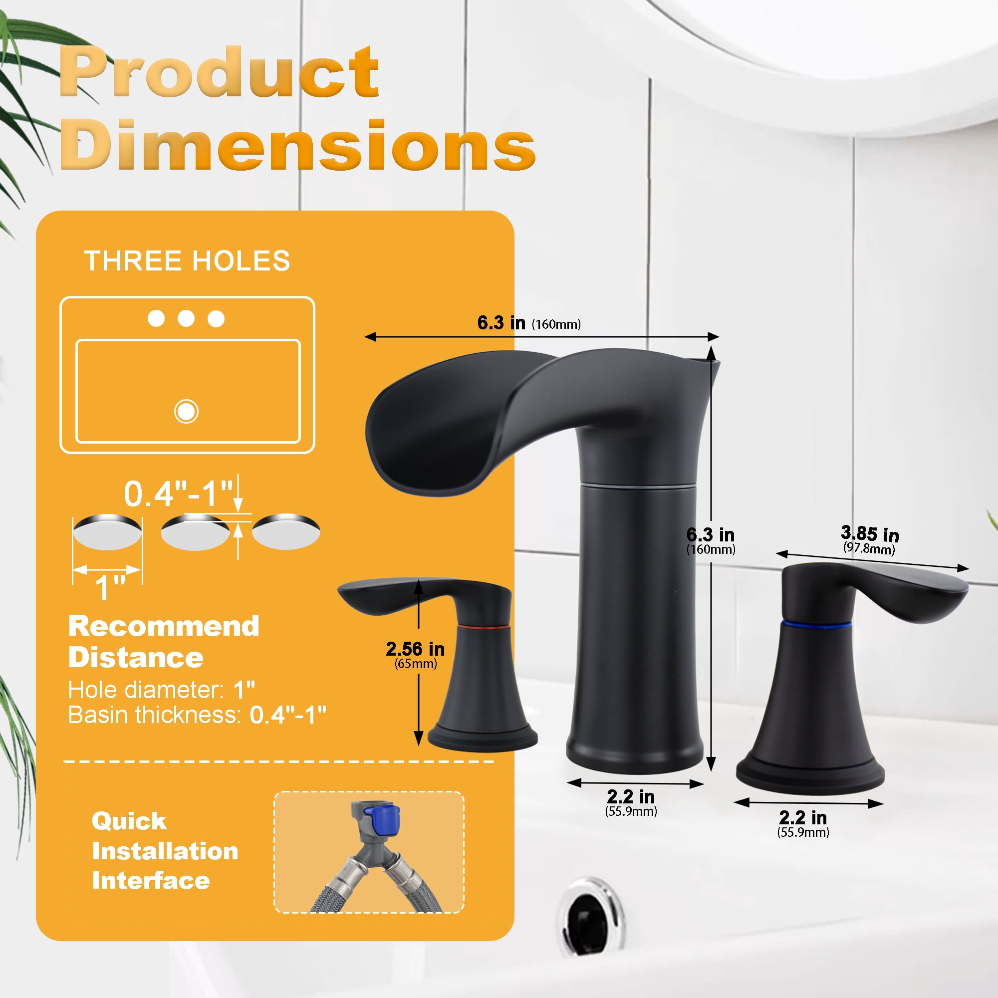 Sunrinx 8'' Widespread Bathroom Faucet 2-Handle Waterfall Sink Faucet 360° Swivel Spout Matte Black 3-Hole with Drain Assembly