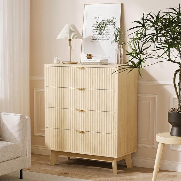Fluted Dresser for Bedroom with 4 Drawer, Mid Century Modern Chest of Drawers, Large Boho Drawers Dresser with Deep Drawers, Wooden Dressers Organizer Storage TV Stand with for Bedroom, Natural