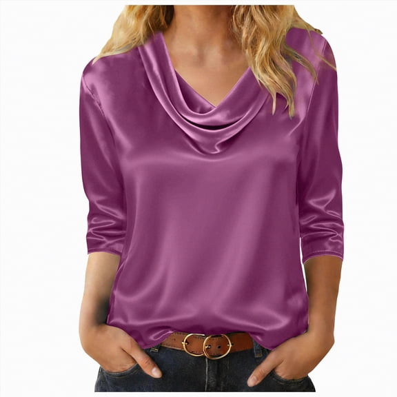 mgoYE Neck Tops for Women Trendy Draped Long Sleeve Velvet Top Elegant Fall Winter Tunic Shirt Casual Dressy Blouses(Purple,L)