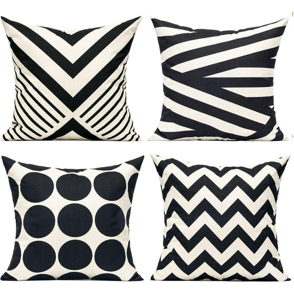 20x20 Black Beige Throw Pillow Covers Cases Modern Geometric Outdoor Decorative Accent Cushion Suqare Cotton Linen Set of 4 for Sofa Paito Couch Bed Room, Striped Zig Zag