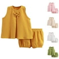 thumbnail image 4 of Odeerbi Toddler Girls 2 Piece Outfits Cotton Tank Tops Shorts Set Summer Clothes Solid Color Gauze Set Double-layer Breathable Two-piece Set Round Neck Bow Blouse Pants Set Yellow, 4 of 4