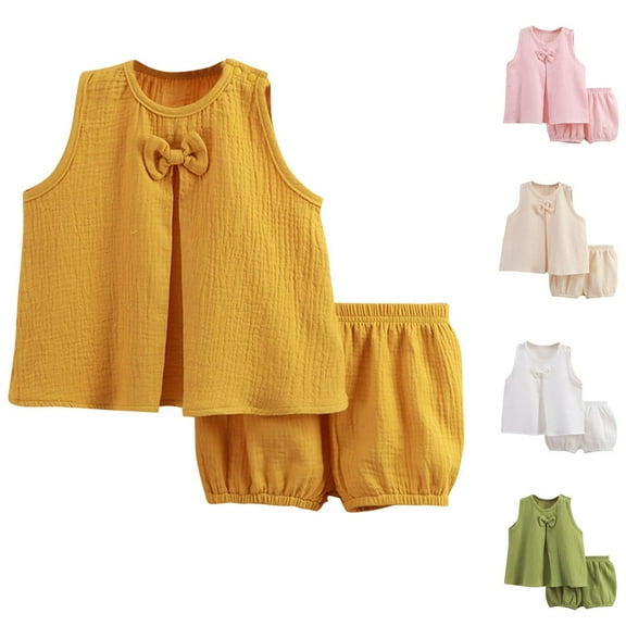 Uxgjfwu Toddler Summer Outfits Plain Print Double-layer Breathable Two-piece Set Bow Top and Pants Set, Sizes 1T-5T,Beige
