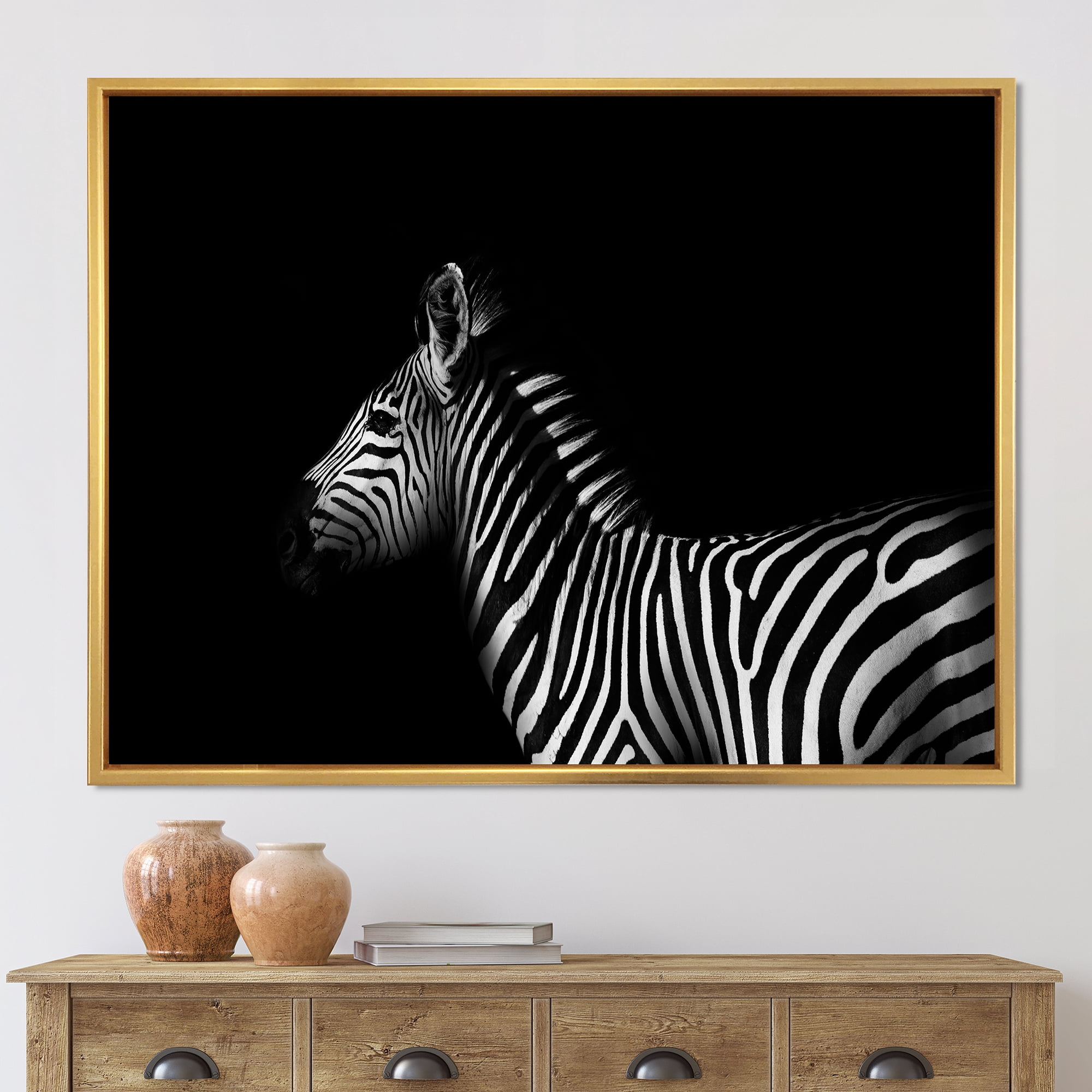 Sideview Of Zebra In White and Black 32 in x 16 in Framed Photography Canvas Art Print, by Designart