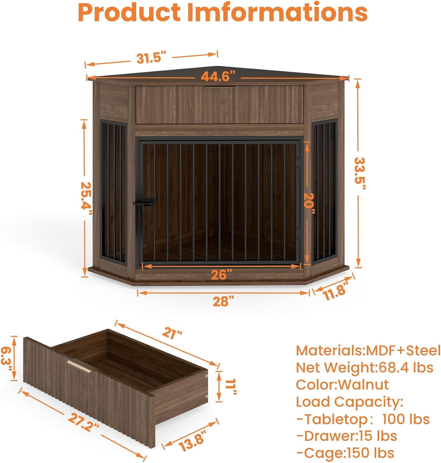 44.6" Corner MDF Dog Crate Furniture, Dog Kennel End Table with Fluted Drawer Storage, Walnut for Small/Medium Dogs Indoor