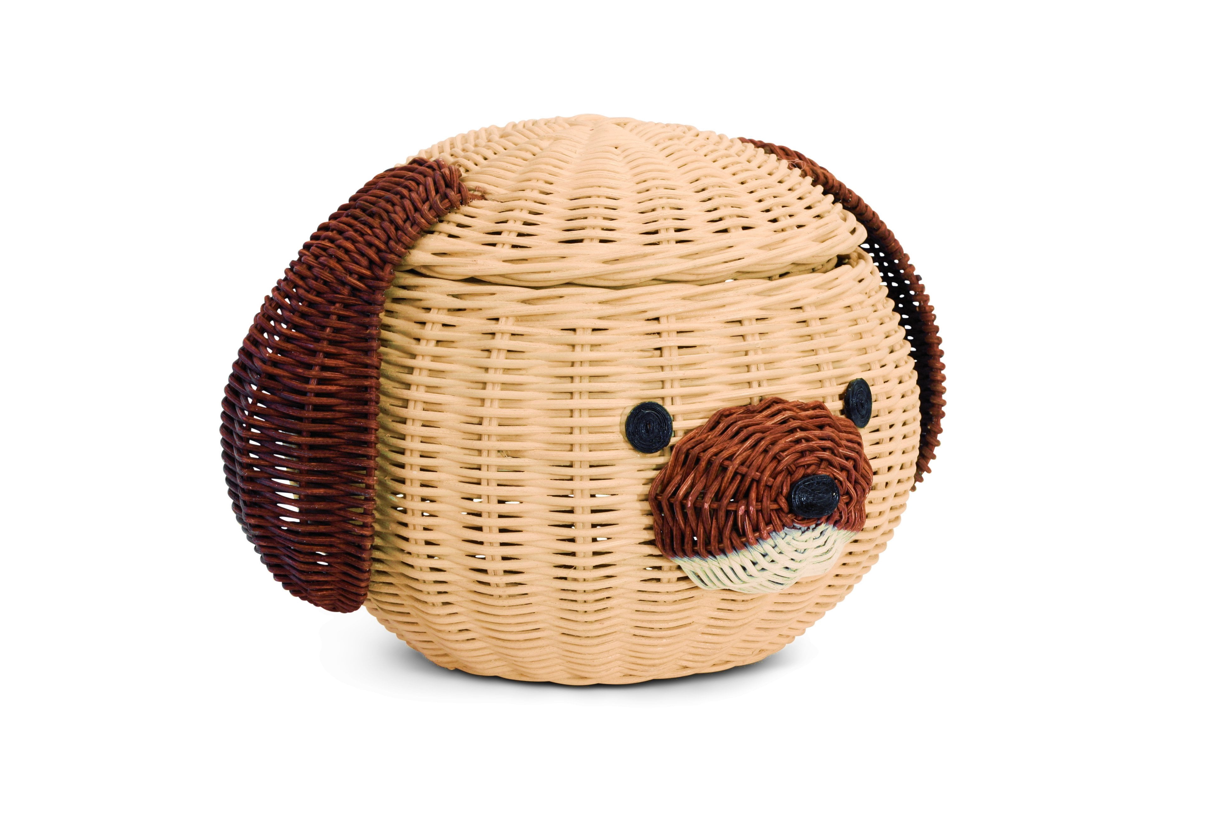 Dog Head Rattan Storage Basket with Lid Decorative Bin Home Decor Hand Woven Shelf Organizer Cute Handmade Handcrafted Gift Art Artwork Wicker Puppy