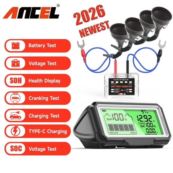 ANCEL BM200 PRO 12V Car Battery Monitor with Cranking Charging Test, Voltage & Temperature & Alarm Real-Time Monitoring （ with 4pc Flexible Funnel with Filter ）