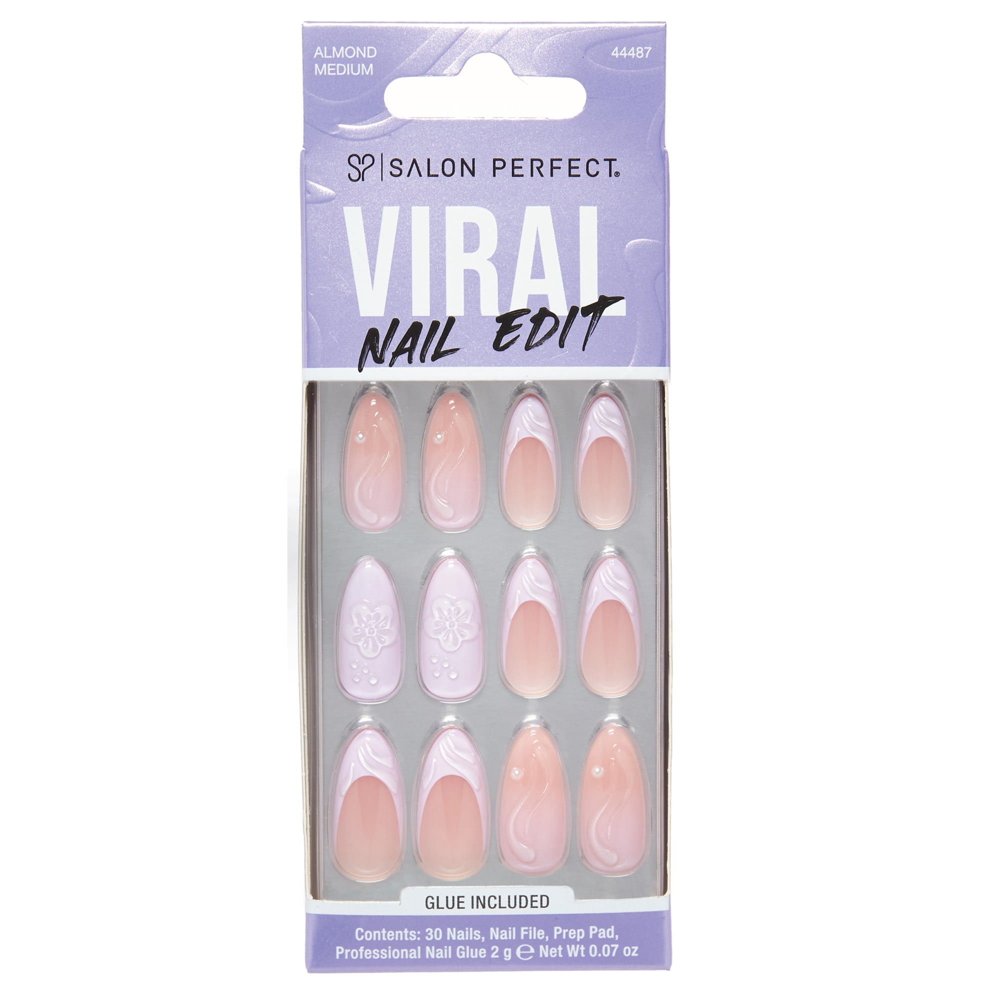 Salon Perfect Artificial Fake Press On Nails, 452 Viral Nail Edit, Lavender Flower, Medium Almond, File, Glue and Prep Pad Included, 30 Nails