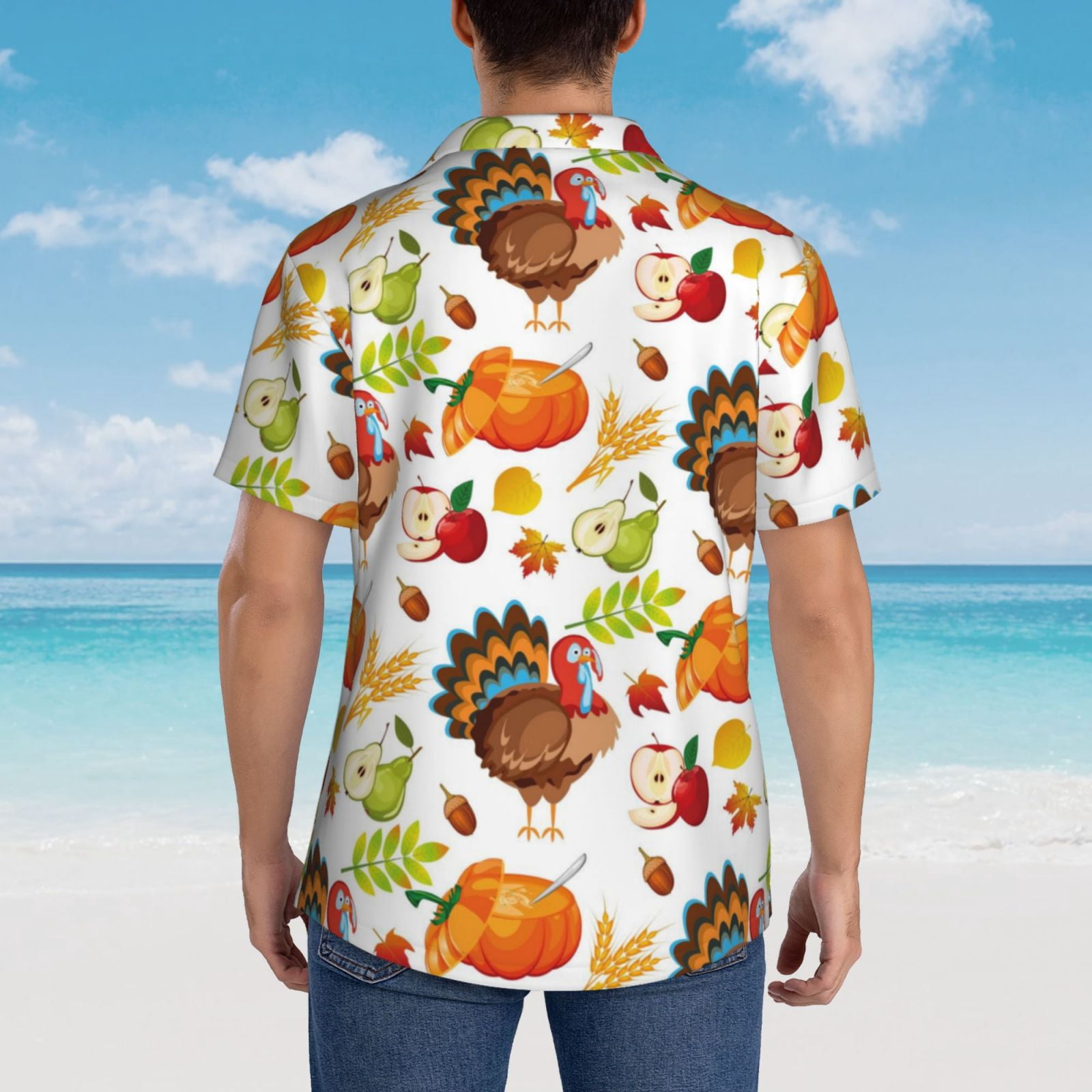 Logiee Thanksgiving Turkey Print Mens Hawaiian Shirts,Loose-Fit Short Sleeve Button Down Tropical Aloha Beach Shirt,Summer Vacation Wedding Tops,Small