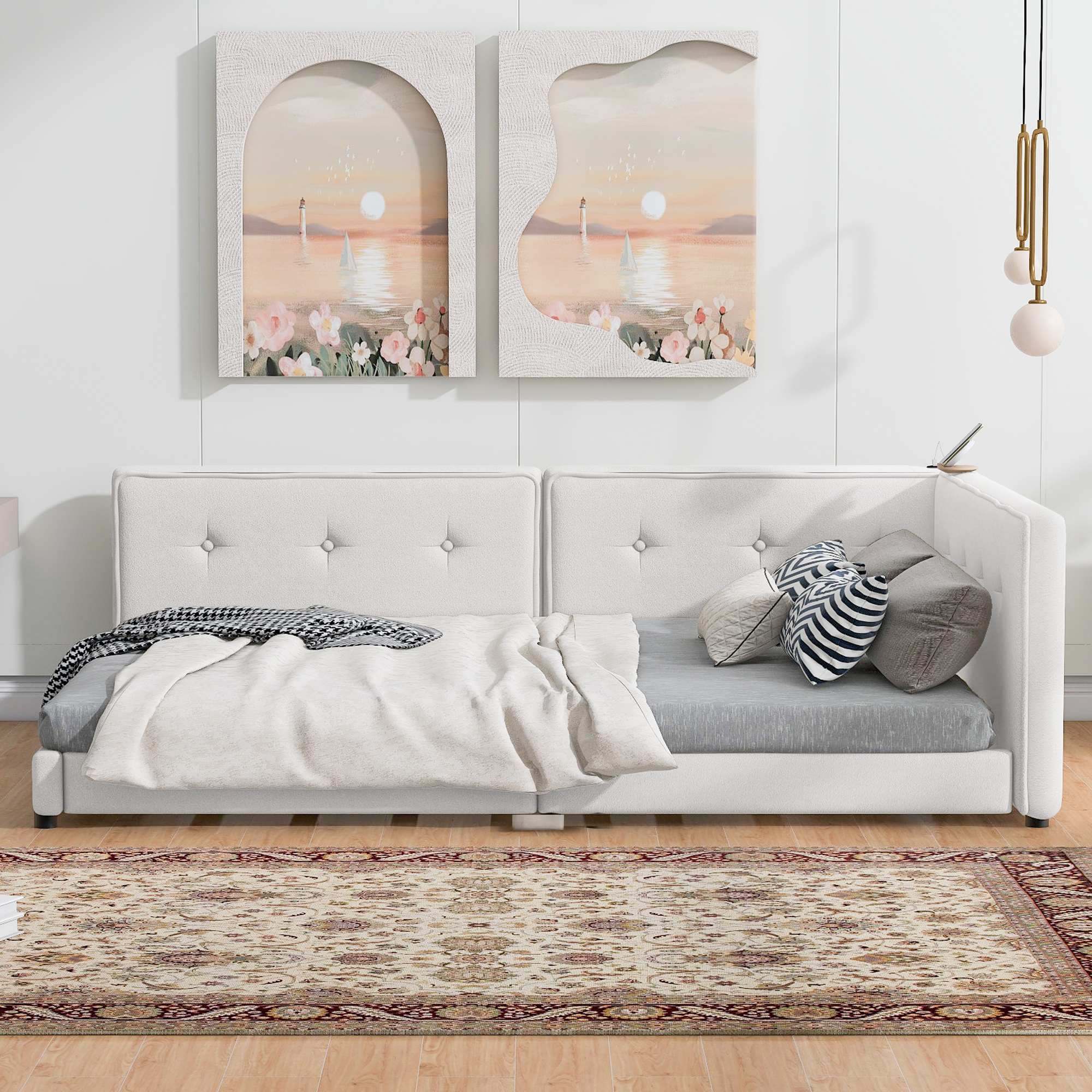 Euroco Upholstered Queen Size Platform Bed with USB Charging Station, Beige