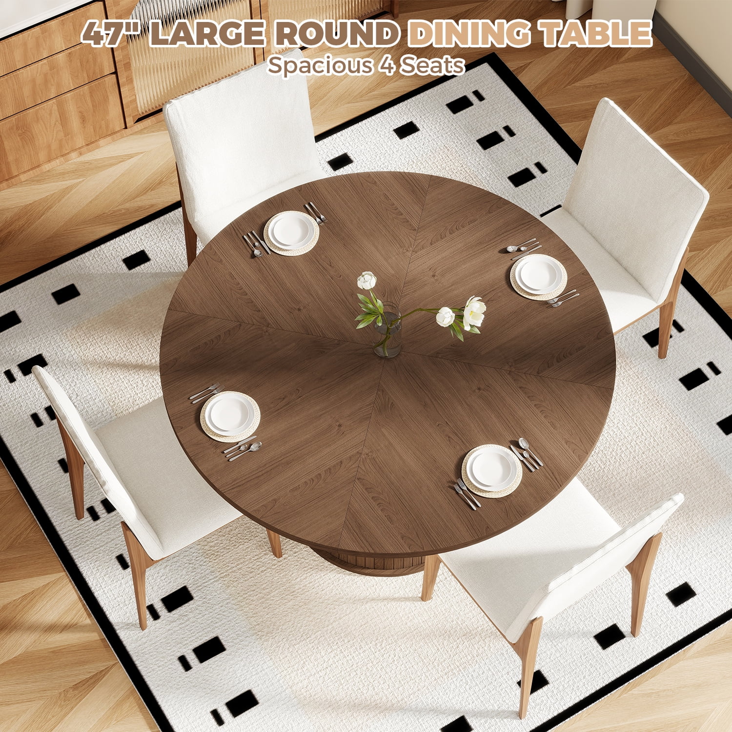 BaPiPro 47-Inch Large Round Dining Table for 4 Person, Modern Farmhouse Kitchen Table with Hidden Storage for Dining Room, Rustic Brown