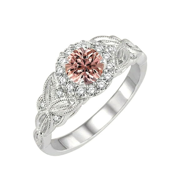 1.25 Carat Real Morganite Round cut Man made diamond moissanite Engagement Ring Ring Huge Desinger Sterling Silver with 18k Gold Plating