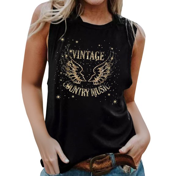 Fshinging Essentials Women's Tank Top Sleeveless Crew Neck Casual Music Print Summer Dressy Trendy Clothes Black L