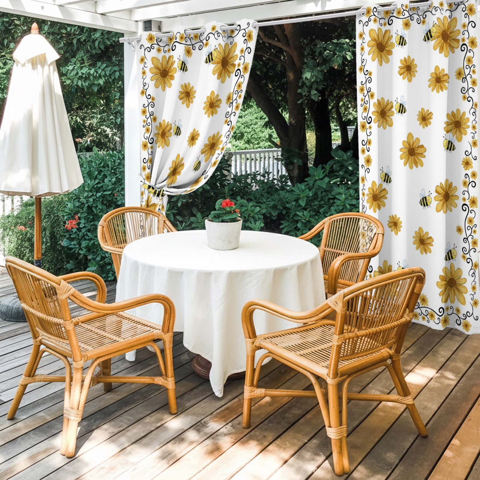 Yellow Daisy Outdoor Curtains for Patio, Bee Rustic Farmhouse Wildflowers Floral Sunshade Privacy Drapes Grommet Waterproof Outside Curtains for Porch/Cabana/Balcony 54"x 108", 1 Panel