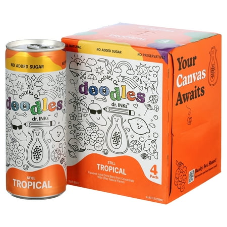 Oodles Of Doodles Tropical Kids Beverage Still, Color On The Can, 8.4 oz, 4 Cans
