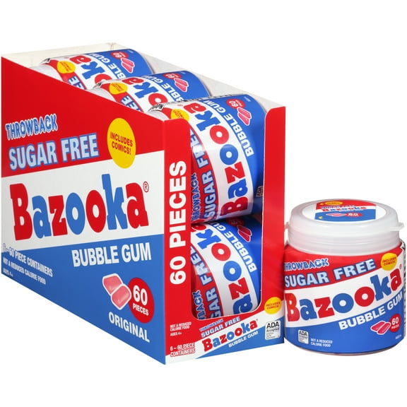 Bazooka Sugar-Free Bubble Gum, 60 Pieces, 6 Pack Case