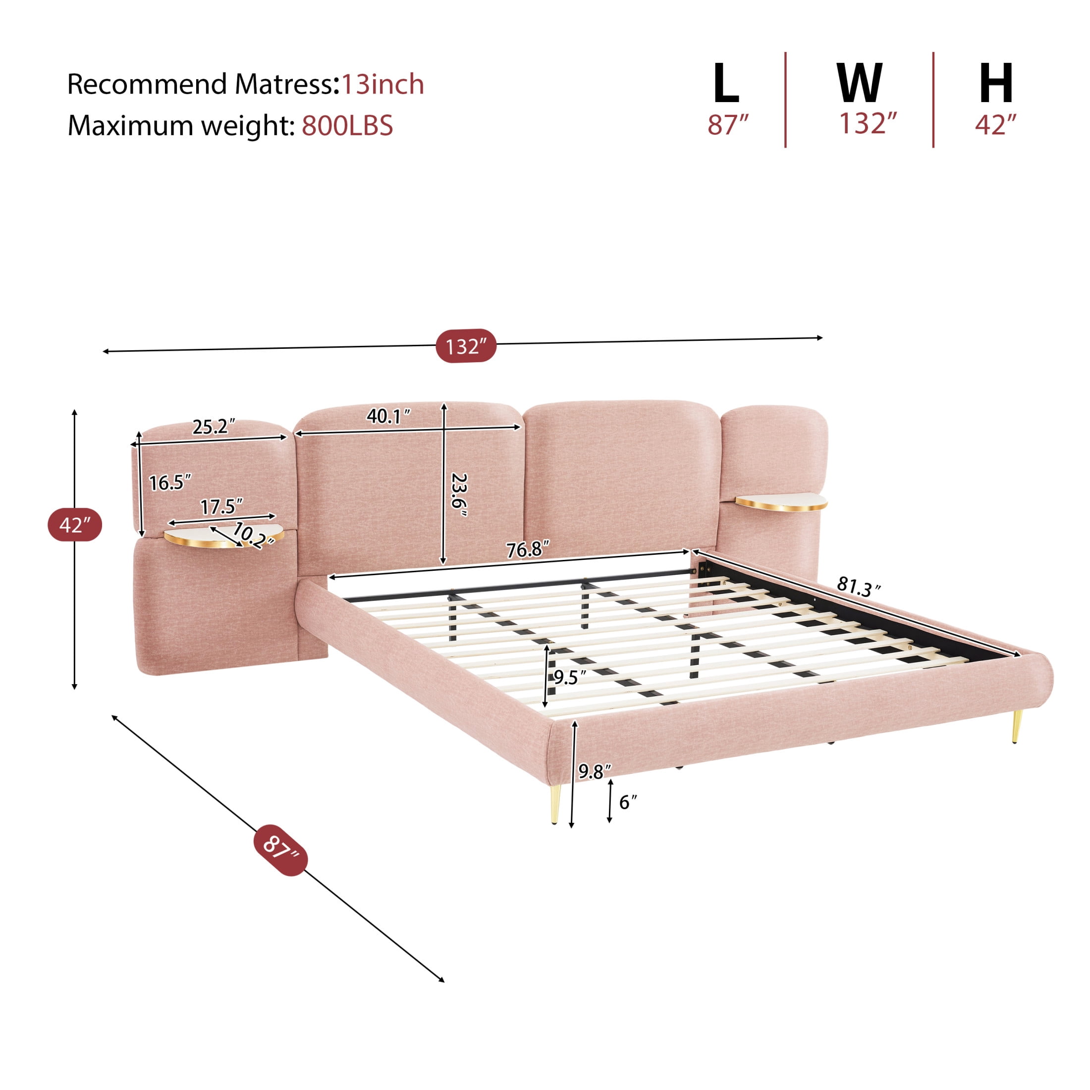 Christopher Knight Home King Size Upholstered Platform Bed Frame with Headboard and Nightstands, Pink