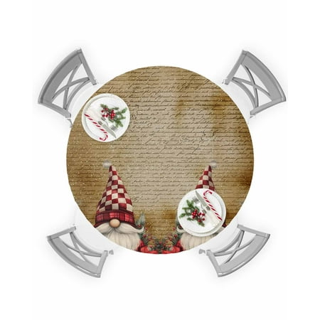 

Round Tablecloth with Elastic Christmas Poinsettia Red Gnome Vintage Letter Style Waterproof Table Cover Wipeable Fitted Table Cloths for 45 -54 Round Tables Dining Kitchen Indoor Outdoor Use
