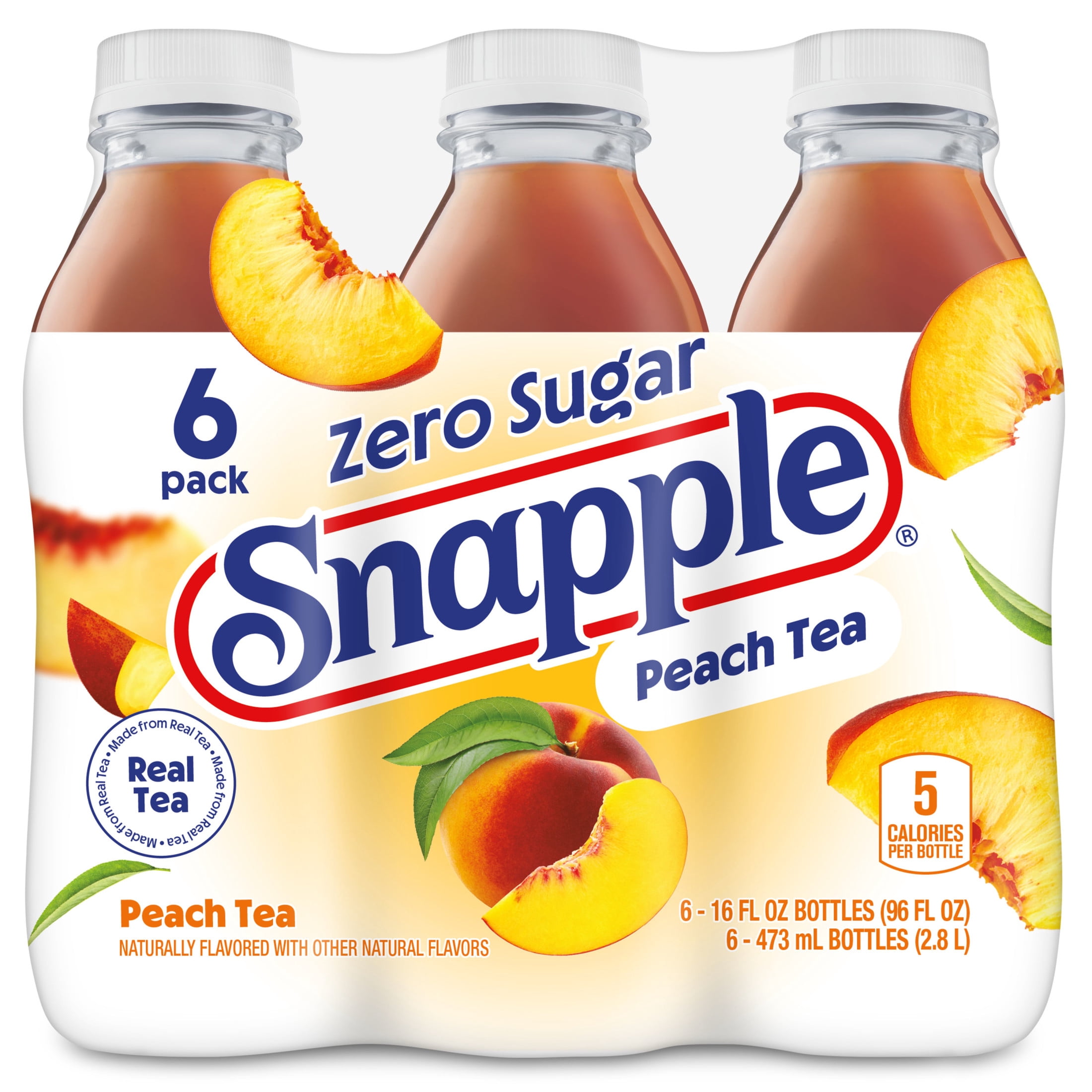 Snapple Zero Sugar Peach, Bottled Tea Drink, 16 fl oz, 6 Bottles