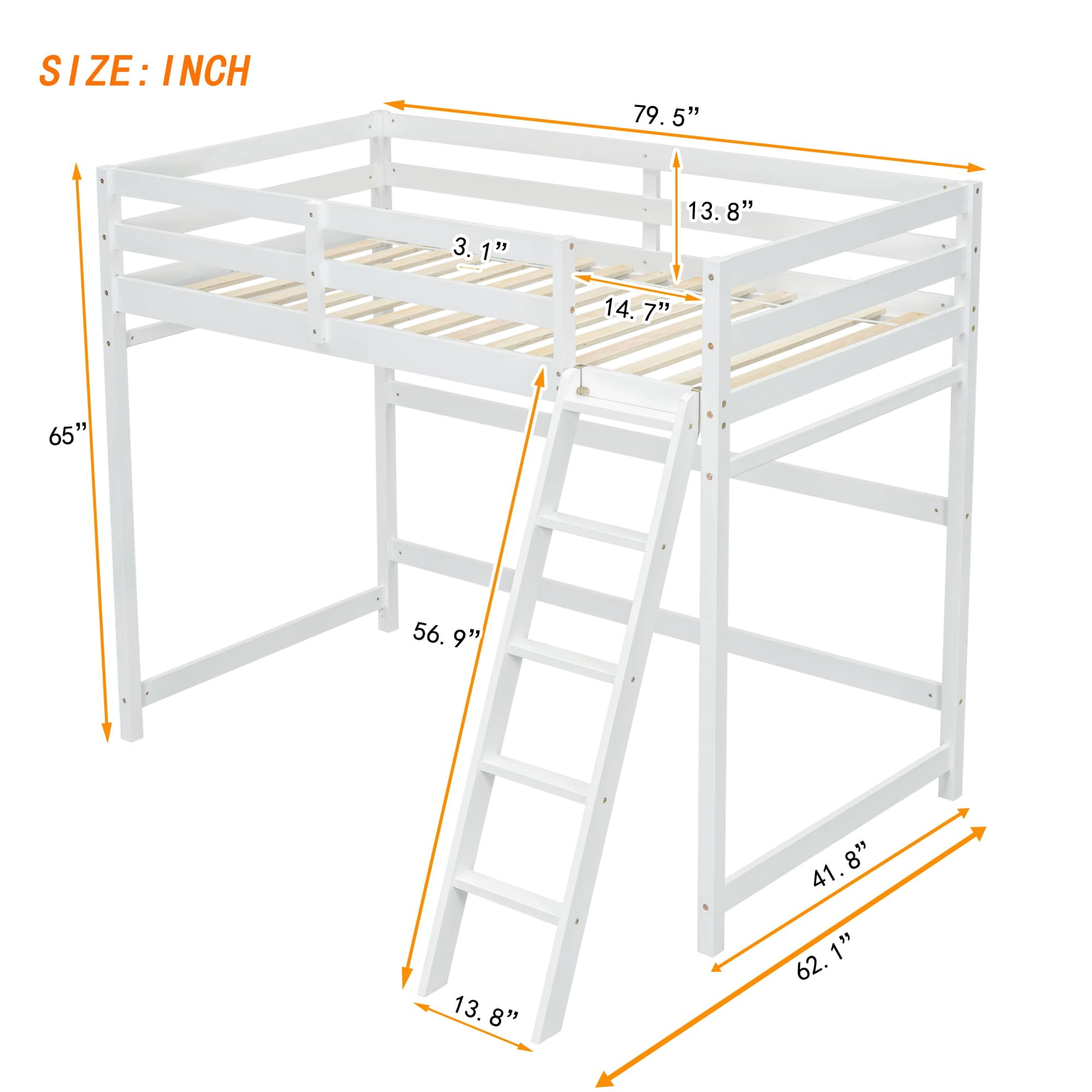 MAYEERTY Twin Size Loft Bed with Inclined Ladder, Guardrails, White
