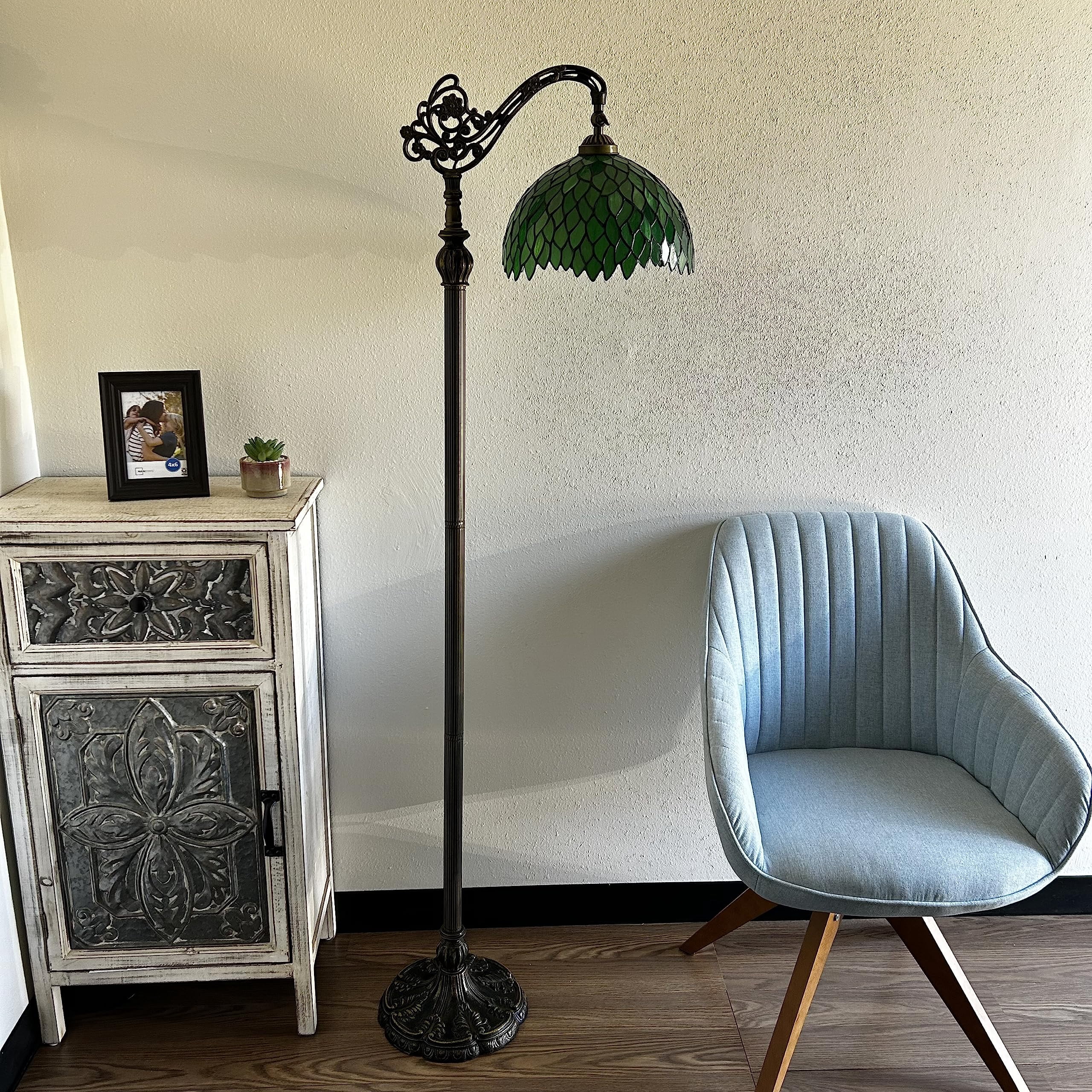 Tiffany Floor Lamp Green Leaves Stained Glass Gooseneck Adjustable LED Bulb Included for Living Room Bedroom 20"W*12"D*63"H