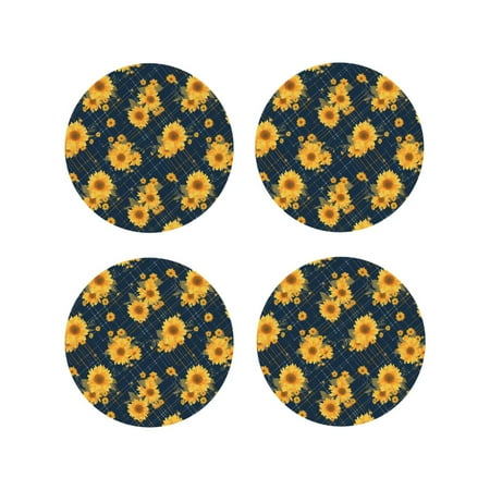 

Tebeau Blue Striped Sunflower A Print Set of 4 Leather Drink Coasters Round Cup Mat Pad for Home and Kitchen Use 4 -Round Shape