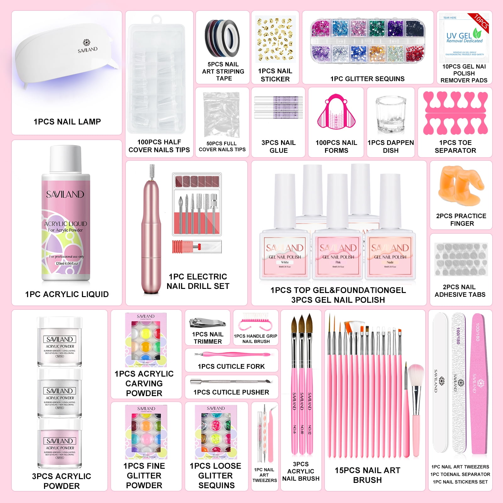 SAVILAND All-in-one Acrylic Nail Kit– Acrylic Powder & Acrylic Liquid Set with Gel Nail Polish Acrylic Brush Clear Nails Tips Nail Art Tools Nail Stuff for Starters
