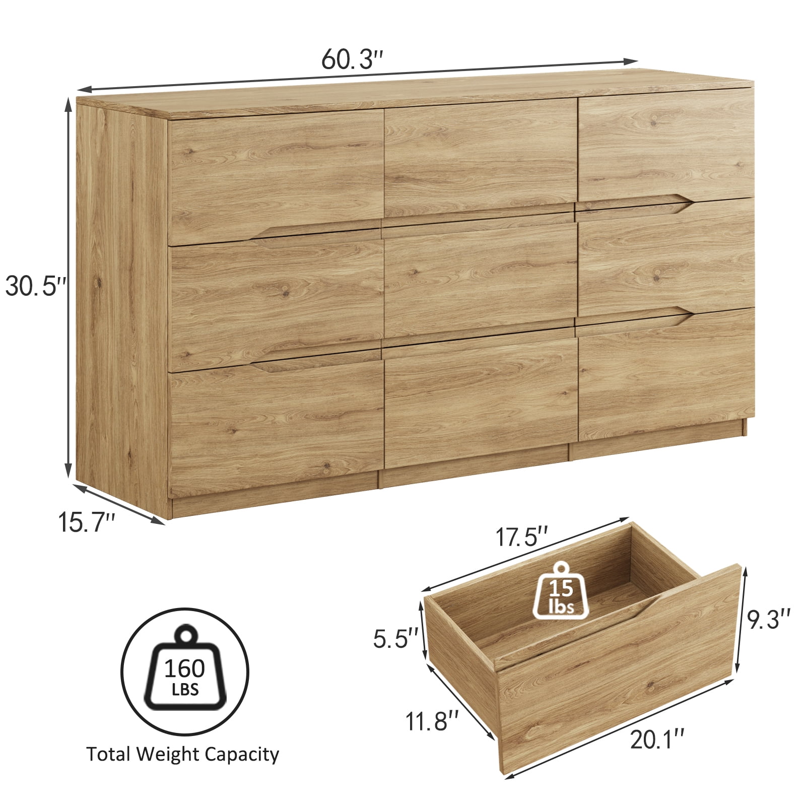 60.3 in Wide Modern Wood Dresser with 9 Drawers - Spacious Storage Chest for Bedroom