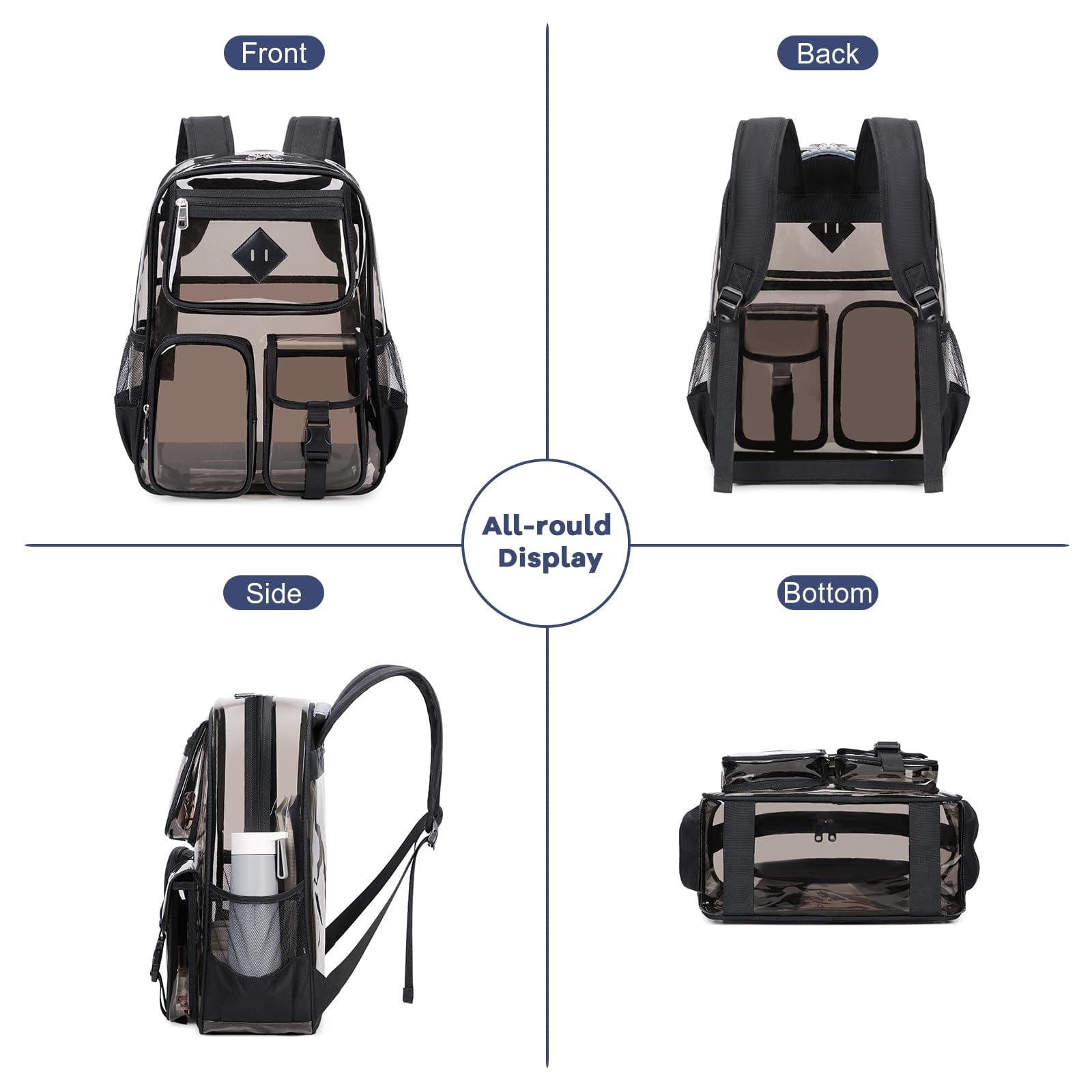 Sanmadrola Large Clear Backpack Heavy Duty Stadium Approved See Through Backpack Waterproof PVC Transparent Backpacks Clear Book Bag with Reinforced Strap for School Work Travel, Black PVC
