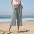 thumbnail image 4 of AKOEE Cotton Linen Capris for Women with Pockets Drawstring Elastic Waist Wide Leg Beach Lounge Capri Pants (2XL, Gray), 4 of 8