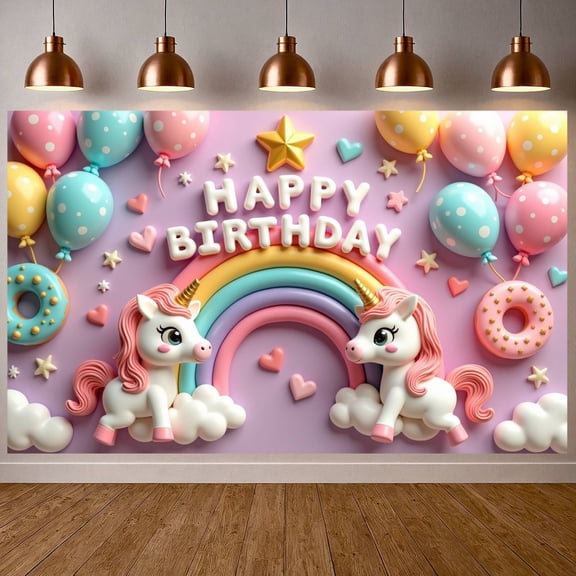 Colorful Banner Heart-shaped Party Backdrop Cupcake Design Sweet Style Celebration Background for Birthday Party Kids Party Indoor Decoration